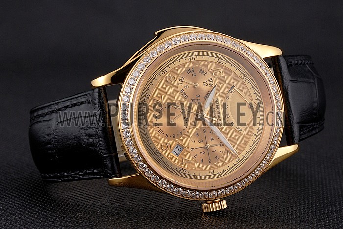 Swiss Patek Philippe Grand Complications Power Reserve Gold Dial And Case Diamond Bezel Black Leather Strap