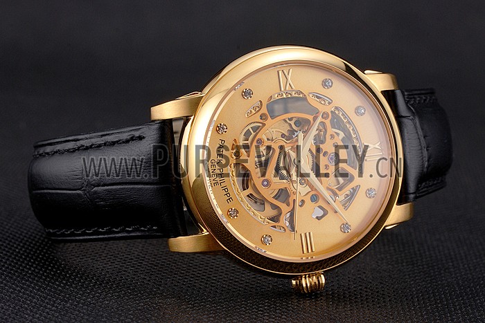 Swiss Patek Philippe Complications Openworked Dial Gold Case Black Leather Strap