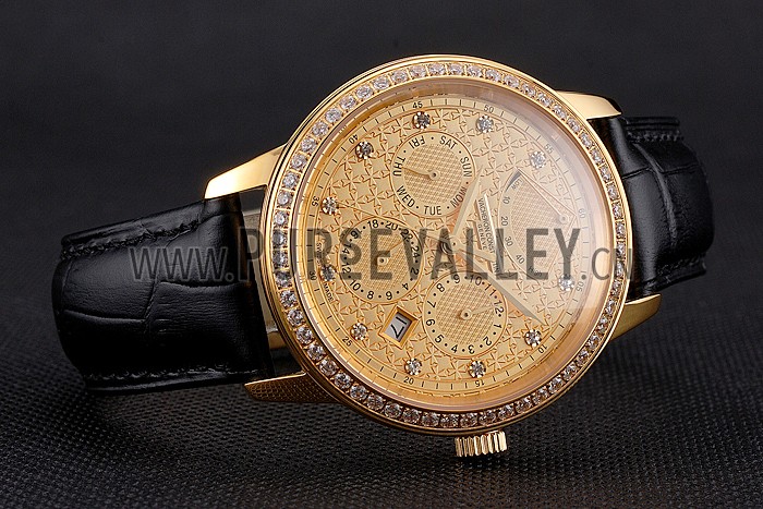 Swiss Vacheron Constantin Traditionnelle Power Reserve Gold Dial And Case Diamond Bezel Black Leather Strap