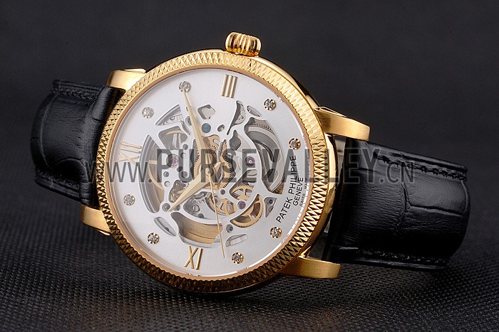 Swiss Patek Philippe Complications Openworked Dial Gold Case Fluted Bezel Black Leather Strap