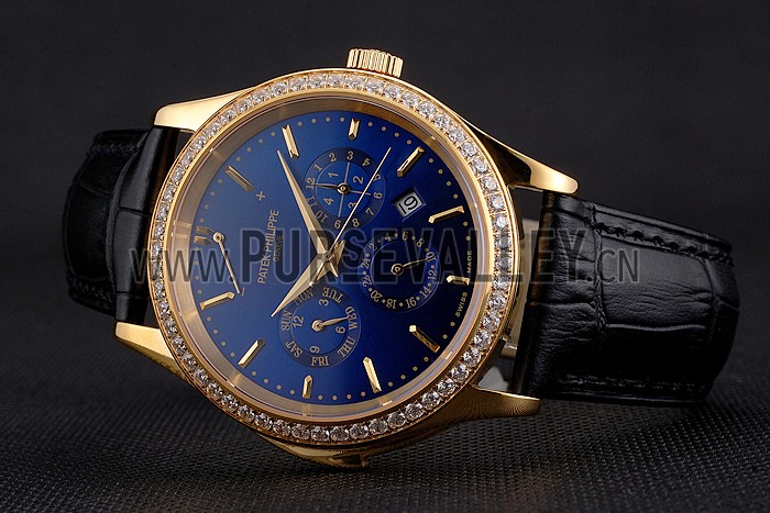 Swiss Patek Philippe Grand Complications Perpetual Calendar Blue Dial Gold Case Diamond Bezel Black Leather Strap