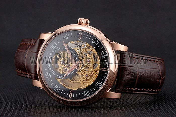 Swiss Patek Philippe Complications Openworked Dial Rose Gold Case Brown Leather Strap