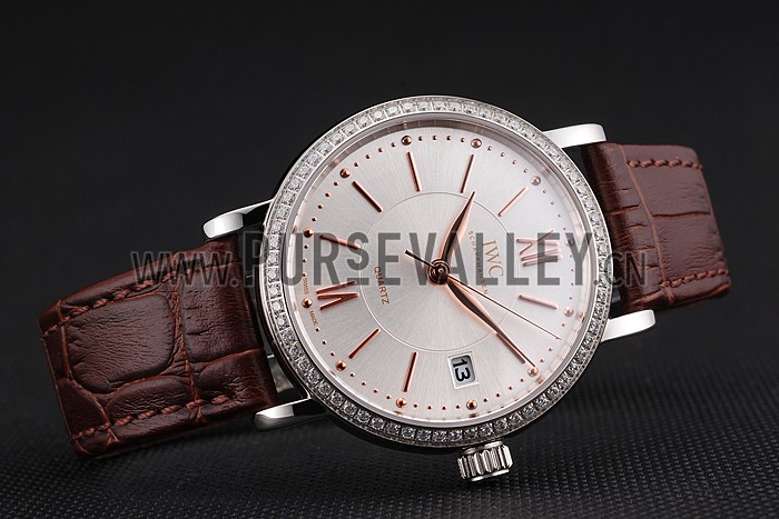 IWC Portofino Silver Dial Stainless Steel Case Diamonds Bezel Brown Leather Strap