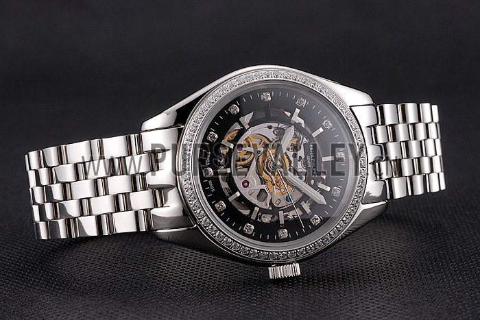 Swiss Patek Philippe Calatrava Black Openworked Dial Diamond Bezel Stainless Steel Case And Bracelet