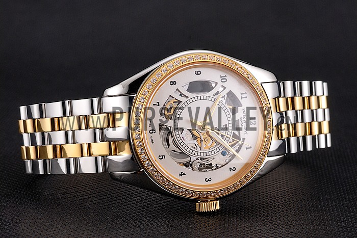 Swiss Patek Philippe Calatrava Openworked Stainless Steel Case Gold Bezel Two Tone Bracelet