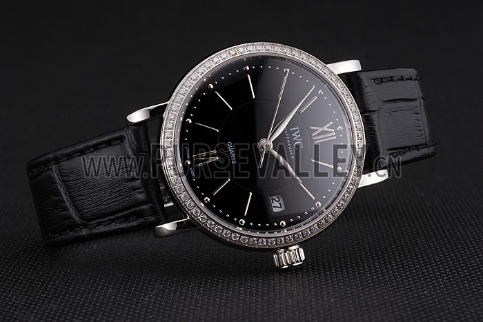 IWC Portofino Black Dial Stainless Steel Case Diamonds Bezel Black Leather Strap
