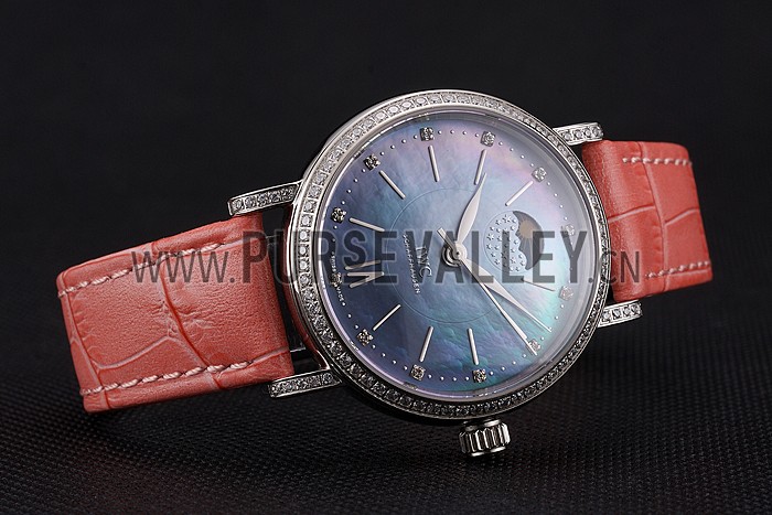 IWC Portofino Moon Phase Mother Of Pearl Dial Stainless Steel Case Diamonds Bezel Pink Leather Strap