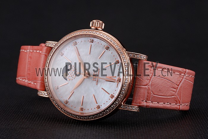 IWC Portofino Moon Phase Silver Dial Rose Gold Case Diamonds Bezel Pink Leather Strap