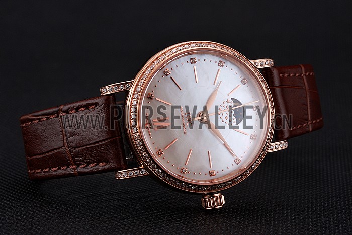 IWC Portofino Moon Phase Silver Dial Rose Gold Case Diamonds Bezel Brown Leather Strap
