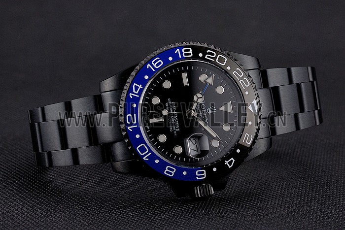 Swiss Rolex GMT Master II Black Dial Blue And Black Bezel Black PVD Case And Bracelet