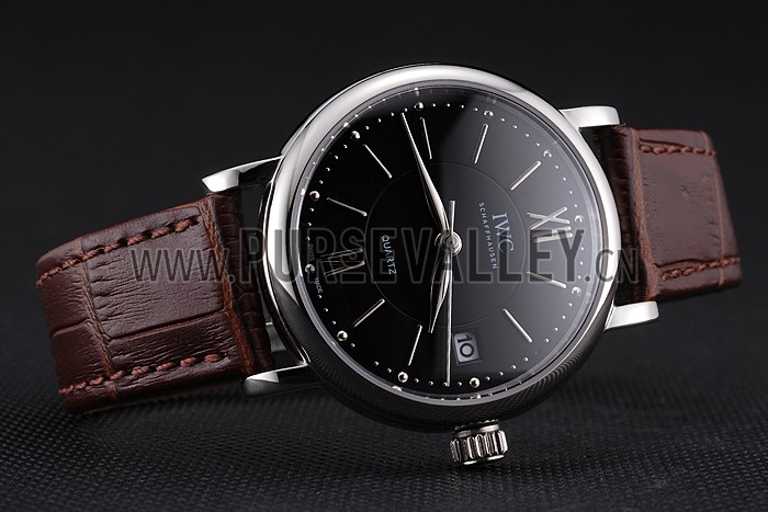 IWC Portofino Black Dial Stainless Steel Case Brown Leather Strap