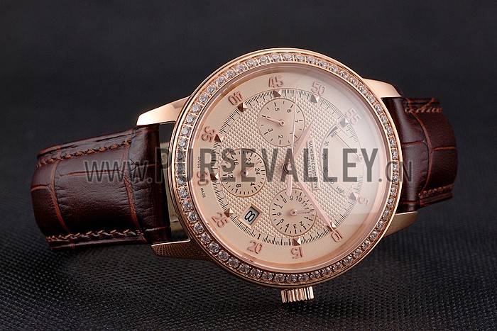Swiss Vacheron Constantin Traditionnelle Power Reserve Rose Gold Dial And Case Diamond Bezel Brown Leather Strap