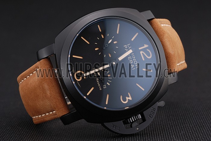 Panerai Luminor 1950 3 Days Power Reserve Black Dial Black Case Brown Suede Leather Strap