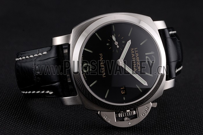 Swiss Panerai Luminor Marina Date Black Dial Stainless Steel Case Black Leather Strap
