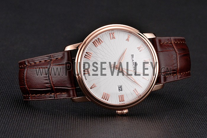 Blancpain Villeret Ultra Slim White Groved Dial Gold Numerals Rose Gold Case Brown Leather Strap