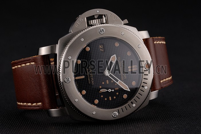 Swiss Panerai Submersible Left Handed Black Embossed Case Stainless Steel Case Brown Leather Strap
