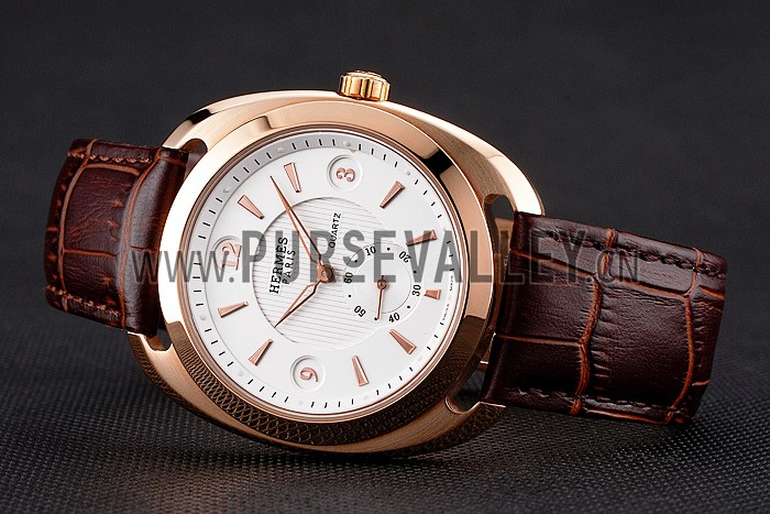 Hermes Dressage White Dial Rose Gold Case Brown Leather Strap