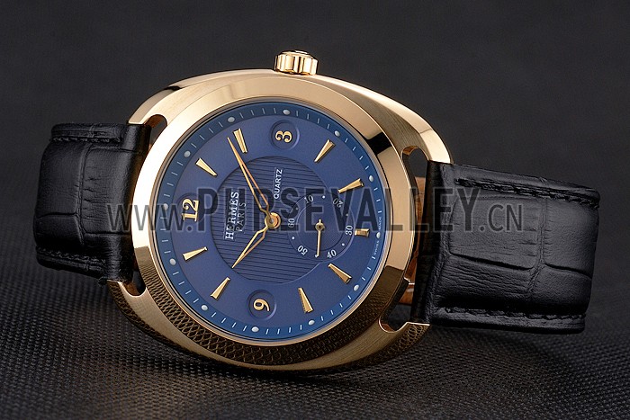 Hermes Dressage Blue Dial Gold Case Black Leather Strap
