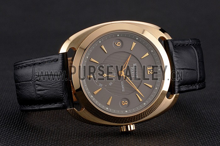 Hermes Dressage Gray Dial Gold Case Black Leather Strap