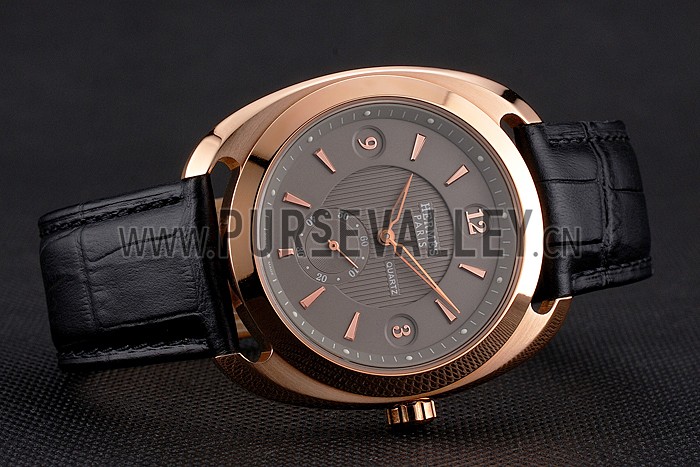 Hermes Dressage Light Brown Dial Rose Gold Case Black Leather Strap