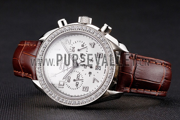 Omega Speedmaster White Dial Stainless Steel Case Diamond Bezel Brown Leather Strap