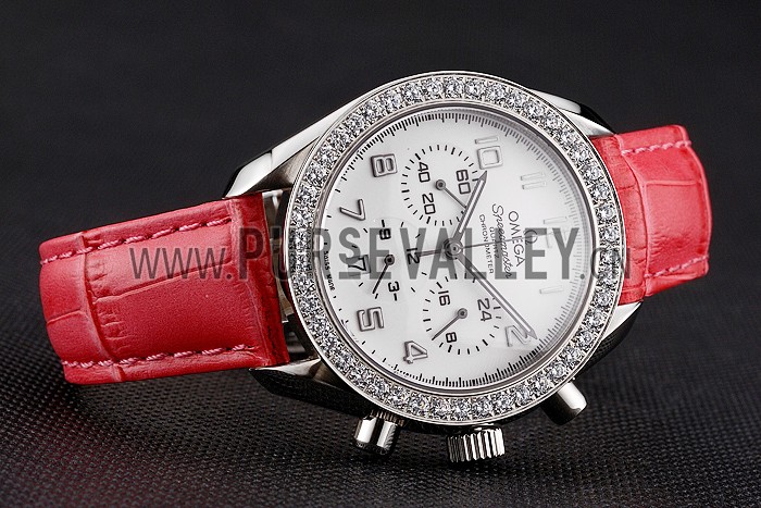 Omega Speedmaster White Dial Stainless Steel Case Diamond Bezel Pink Leather Strap