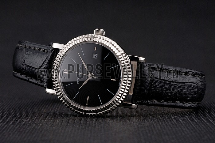 Patek Philippe Calatrava Black Dial Double Ribbed Bezel Stainless Steel Case Black Leather Strap