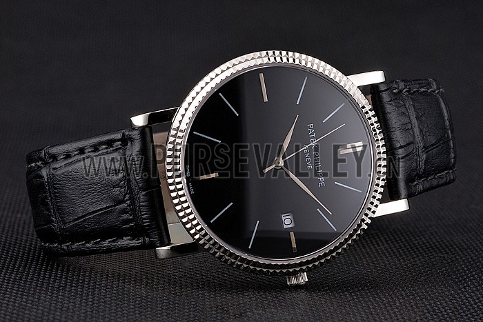 Patek Philippe Calatrava Black Dial Ribbed Bezel Stainless Steel Case Black Leather Strap