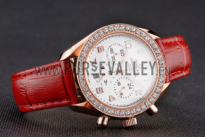 Omega Speedmaster White Dial Rose Gold Case Diamond Bezel Red Leather Strap