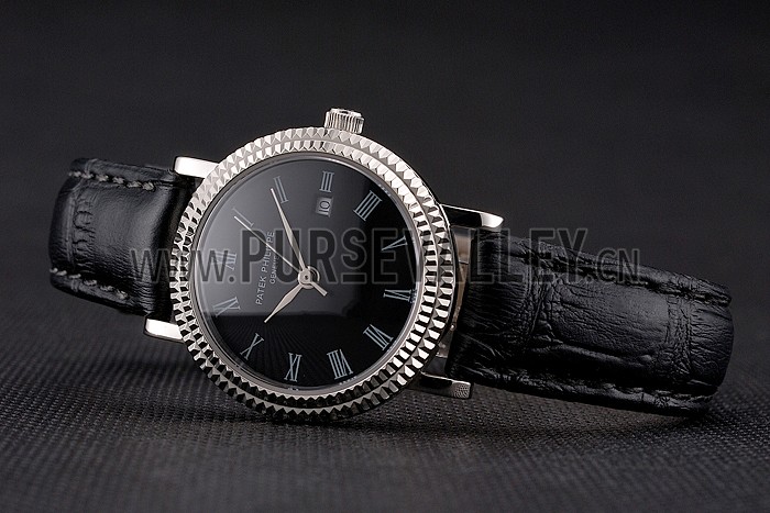 Patek Philippe Calatrava Black Dial Roman Numerals Double Ribbed Bezel Stainless Steel Case Black Leather Strap