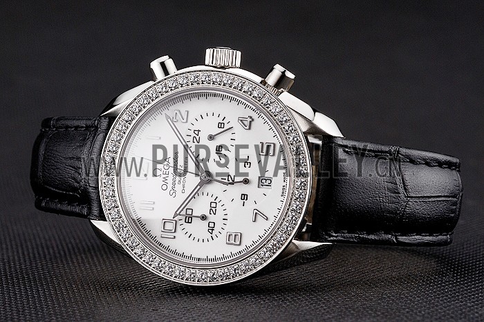 Omega Speedmaster White Dial Stainless Steel Case Diamond Bezel Black Leather Strap