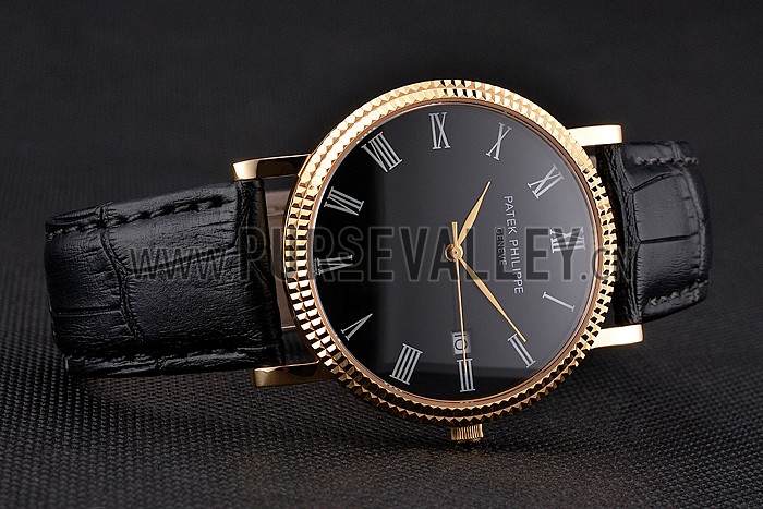 Patek Philippe Calatrava Black Dial Roman Numerals Ribbed Bezel Gold Case Black Leather Strap