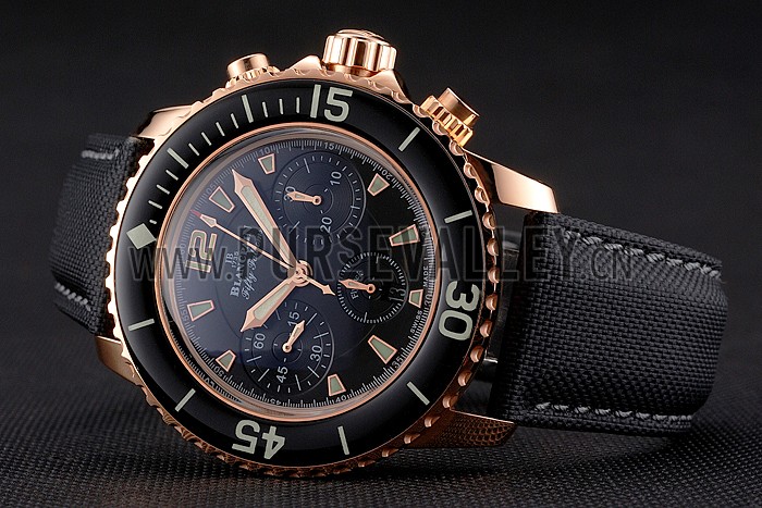 Swiss Blancpain Fifty Fathoms Flyback Chronograph Black Dial Black Bezel Rose Gold Case Black Canvas Strap