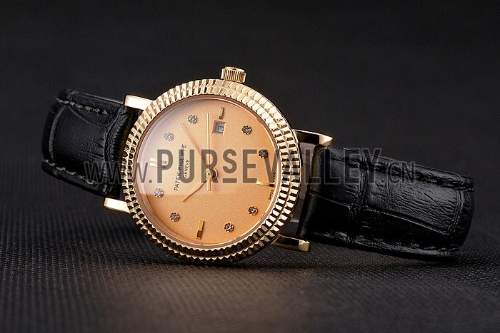 Patek Philippe Calatrava Gold Dial Dimond Hour Marks Double Ribbed Bezel Gold Case Black Leather Strap