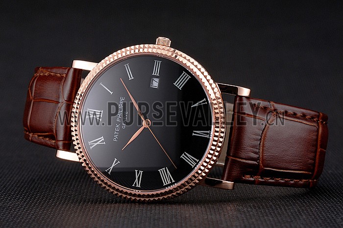 Patek Philippe Calatrava Black Dial Roman Numerals Ribbed Bezel Rose Gold Case Brown Leather Strap