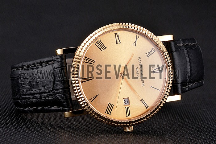 Patek Philippe Calatrava Gold Dial Roman Numerals Ribbed Bezel Gold Case Black Leather Strap