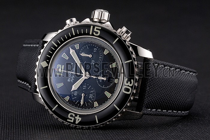 Swiss Blancpain Fifty Fathoms Flyback Chronograph Black Dial Black Bezel Stainless Steel Case Black Canvas Strap