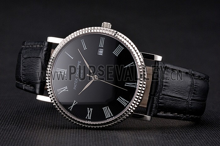 Patek Philippe Calatrava Black Dial Roman Numerals Ribbed Bezel Stainless Steel Case Black Leather Strap