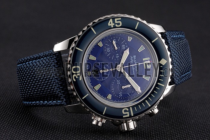 Swiss Blancpain Fifty Fathoms Flyback Chronograph Blue Dial Blue Bezel Stainless Steel Case Blue Canvas Strap