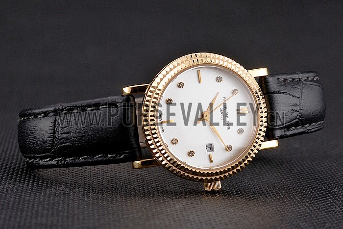 Patek Philippe Calatrava White Dial Diamond Hour Marks Double Ribbed Bezel Gold Case Black Leather Strap