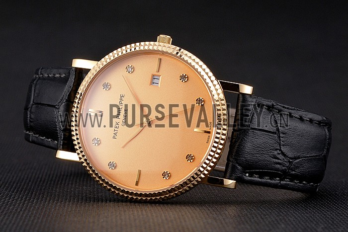 Patek Philippe Calatrava Gold Dial Diamond Hour Marks Ribbed Bezel Gold Case Black Leather Strap