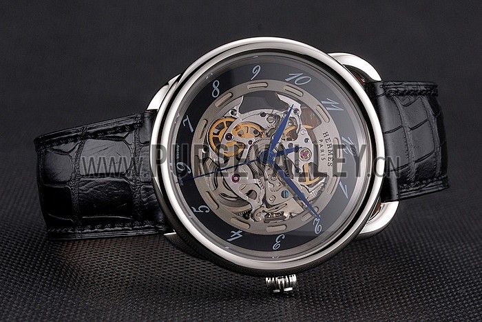 Swiss Hermes Arceau Skeleton Black Dial Blue Hands Stainless Steel Case Black Leather Strap