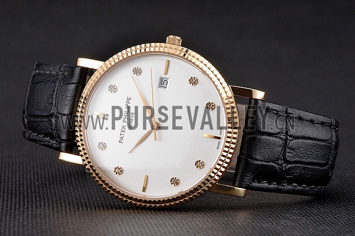 Patek Philippe Calatrava White Dial Diamond Hour Marks Ribbed Bezel Gold Case Black Leather Strap