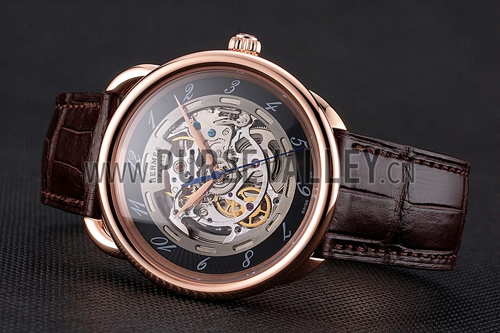Swiss Hermes Arceau Skeleton Black Dial Brown Hands Rose Gold Case Brown Leather Strap