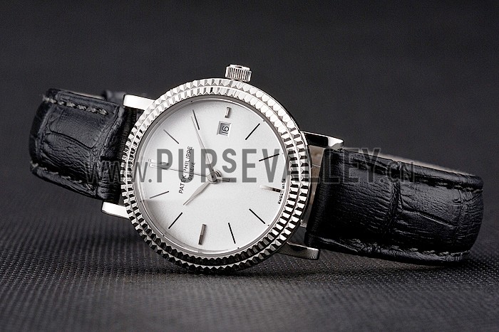 Patek Philippe Calatrava White Dial Double Ribbed Bezel Stainless Steel Case Black Leather Strap
