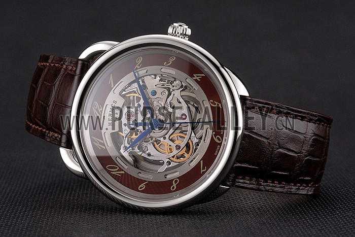 Swiss Hermes Arceau Skeleton Brown Dial Blue Hands Stainless Steel Case Brown Leather Strap