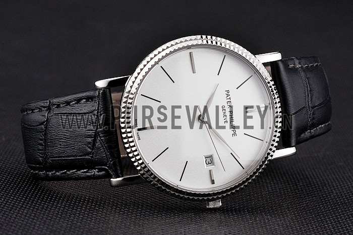 Patek Philippe Calatrava White Dial Ribbed Bezel Stainless Steel Case Black Leather Strap