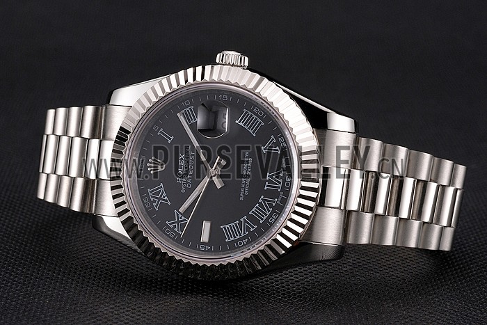 Swiss Rolex Datejust Black Dial Roman Numerals Stainless Steel Case And Bracelet