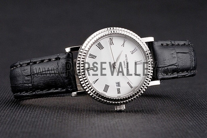 Patek Philippe Calatrava White Dial Roman Numerals Double Ribbed Bezel Stainless Steel Case Black Leather Strap