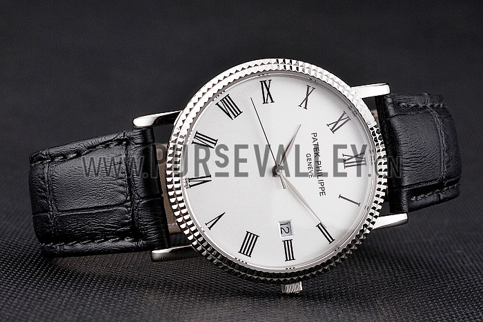 Patek Philippe Calatrava White Dial Roman Numerals Ribbed Bezel Stainless Steel Case Black Leather Strap